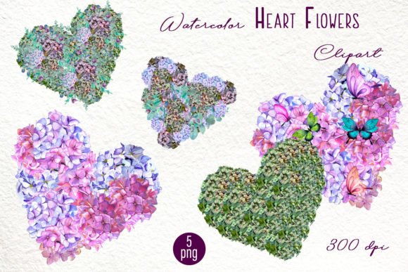 Beautiful Valentine's Day Hydrangea Heart Clipart Set