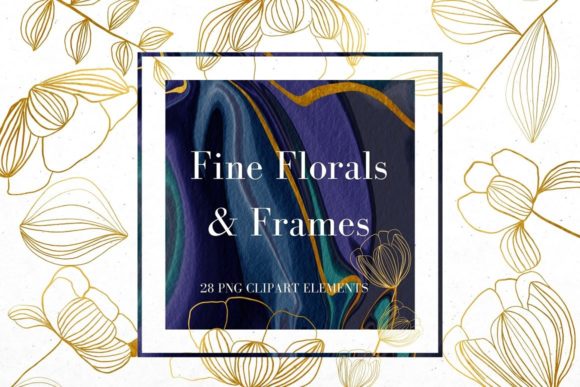 Gold Line Flowers and Blue Frames